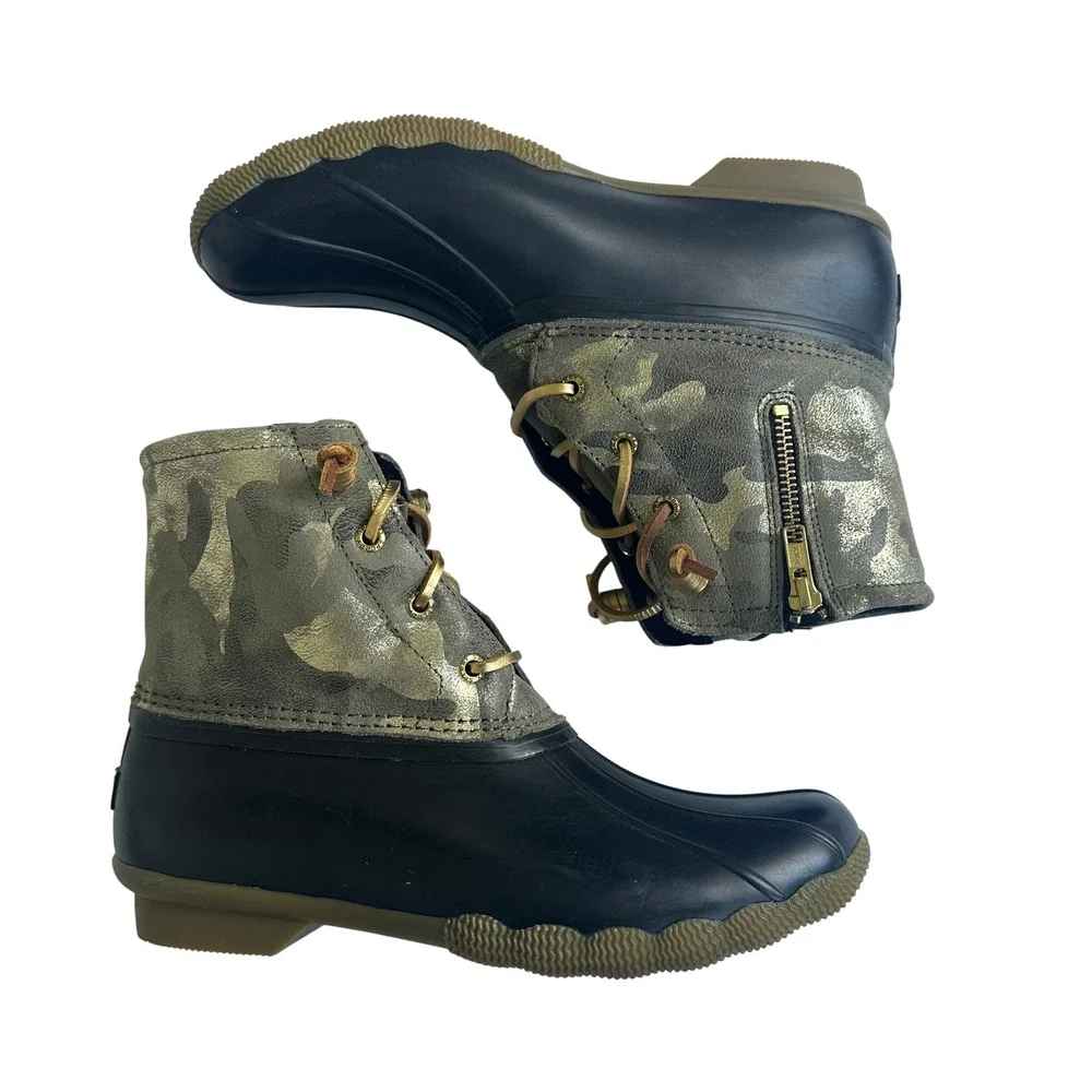 Sperry Saltwater Metallic Camo Duck Boots Womens 9 Black Gold STS86694